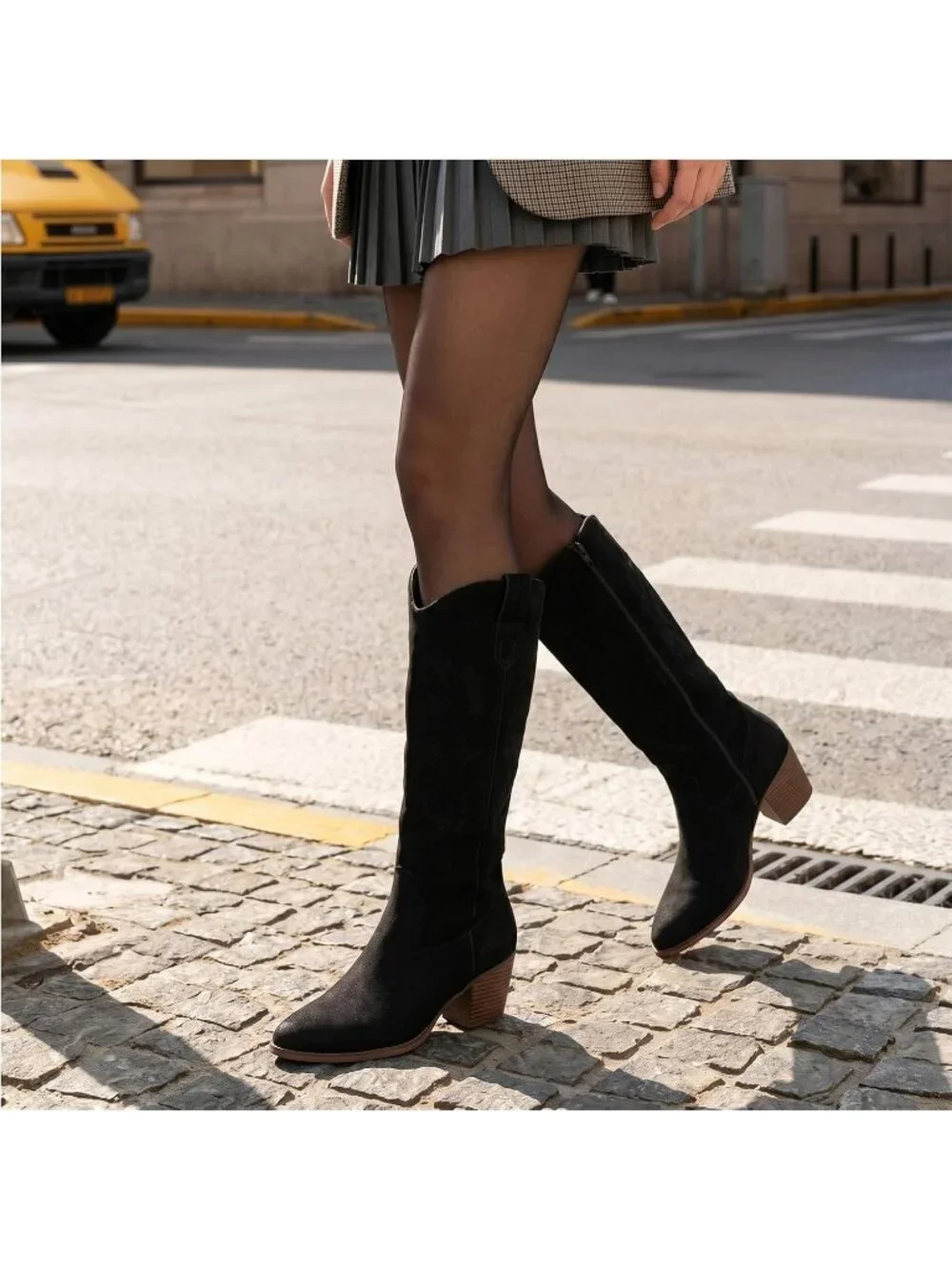 Women's Black Suede Chunky Heel Suede Pointed Toe Side Zipper Knee High Boots